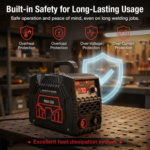 Portable Stick Welder With IGBT Inverter 250A Output Display And Included Electrode Holder And Clamp Lightweight 7.05 Lb Backpack Ready Design safety features