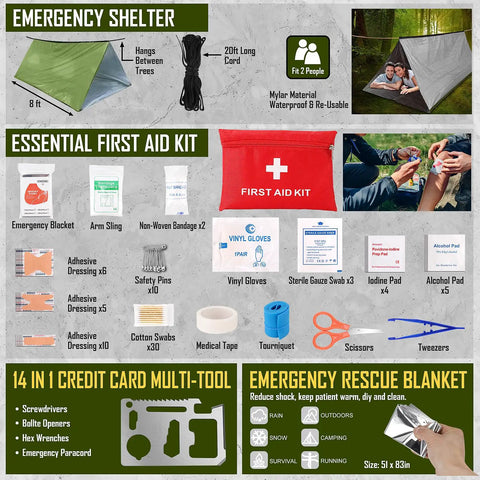All In One Survival Gear Kit With 268 Pcs Emergency Supplies First Aid Kit Camping Axe Headlamp And Crossbody Bag For Camping Hiking Hunting Great Gift For Men Dads Christmas; shown are emergency shelter, first aid kit contents, and rescue blanket.