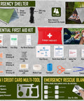 All In One Emergency Survival Gear Kit With First Aid Essentials, Camping Axe, Headlamp, Crossbody Bag For Camping, Hiking, Hunting, Travel And Home Safety, Ideal Gift For Christmas Men And Dads, showing emergency shelter and first aid kit details.