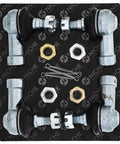 Tie Rods With End Kit For Outlaw 50 ATV Replacement Beefed Up Steering Fits OEM 0454747 0454746 0454748 0451798 M10 By 1.25 Threads Seven And A Half Inch Length Heavy Duty End Kit For Off Road Rides. Gray ATV tie rod ends, washers, nuts, and cotter pins on backing card.