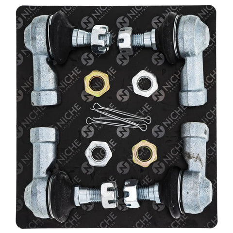 Tie Rods With End Kit For Outlaw 50 ATV Replacement Beefed Up Steering Fits OEM 0454747 0454746 0454748 0451798 M10 By 1.25 Threads Seven And A Half Inch Length Heavy Duty End Kit For Off Road Rides. Gray ATV tie rod ends, washers, nuts, and cotter pins on backing card.