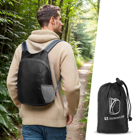 Man hiking with 20L Ultra Lightweight Hiking Daypack That Packs Down Small For Camping, Cycling And Outdoors, Go-To Packable Backpack.