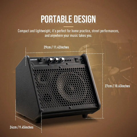 20W Portable Drum And Keyboard Amp With Dual Drivers For Home Practice, shown with dimensions on brown background