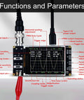 Pocket Sized Handheld Oscilloscope Kit With 2.4 Inch Color Screen And 1MSaS Real Time Sampling, 200KHz Bandwidth showing functions and parameters
