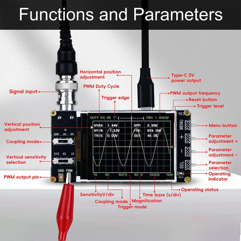 Pocket Sized Handheld Oscilloscope Kit With 2.4 Inch Color Screen And 1MSaS Real Time Sampling, 200KHz Bandwidth showing functions and parameters