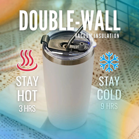 White 20 Oz Double Wall Travel Tumbler With Splash Safe Lid Straight Up Top Tier For Surgical Tech Teams Lowkey Stylish Build, showing double-wall vacuum insulation.