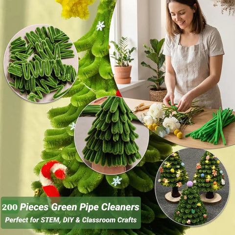 Chenille Stem Pipe Cleaners Bulk Pack About 200 Pieces, 12 Inch Length, 0.24 Inch Diameter, Ideal For DIY Crafts, Festival Decor, Floral Arrangements, Wreath Making, Bendable Twisty Stems For Adults Projects, green pipe cleaners for wreath and tree crafts