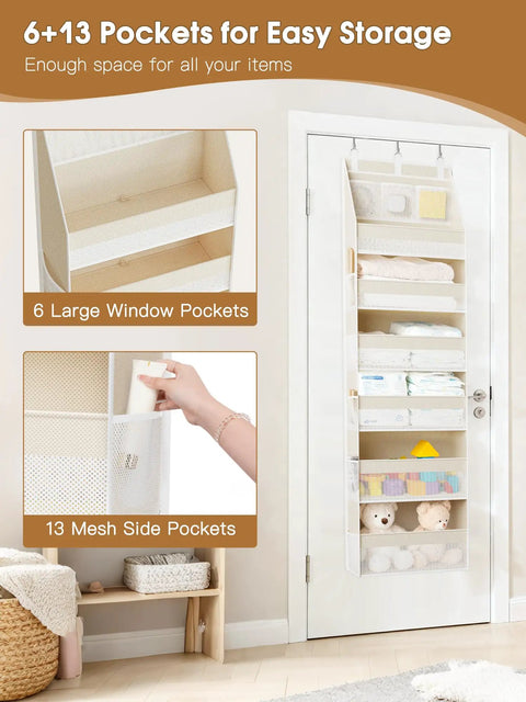 Over The Door Organizer That Turns Any Door Into A Storage Powerhouse With 6 Shelves And 13 Mesh Pockets, Beige, nursery use.