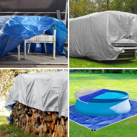 Two Pack 3 By 4 Feet Waterproof Tarp Set 7.5 Mil Heavy Duty Poly Tarpaulin covering furniture, boat, firewood, and pool