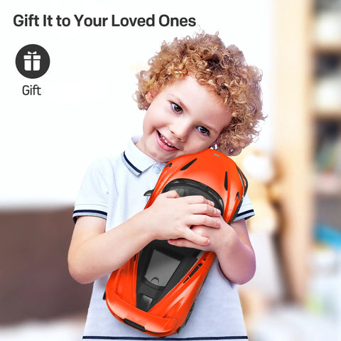 Child holding McLaren Licensed Remote Control Car One Twelfth Scale With Lit Headlights And Fast Twelve Kilometers Per Hour Speed Powered By 900mAh Battery For Adults And Kids Ages Six To Twelve Gift Orange