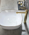 Modern Square 16 By 16 White Porcelain Vessel Sink With Gold Trim For Lavatory Vanity Cabinet, Ceramic Art Basin on countertop