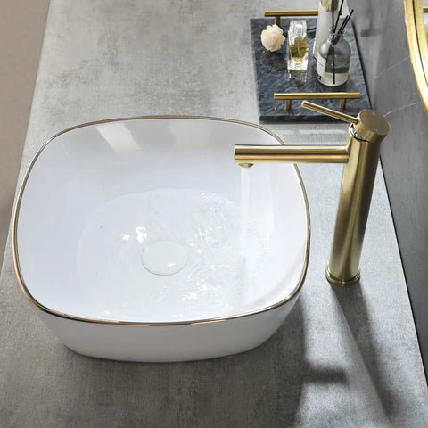 Modern Square 16 By 16 White Porcelain Vessel Sink With Gold Trim For Lavatory Vanity Cabinet, Ceramic Art Basin on countertop