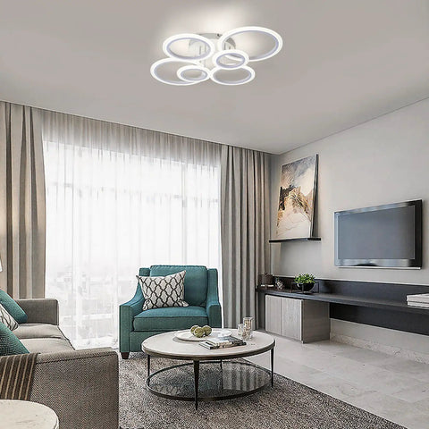 Six Ring Modern LED Ceiling Light Flush Mount With White Rings, 4000K Daylight White Lighting Fixture in a Living Room