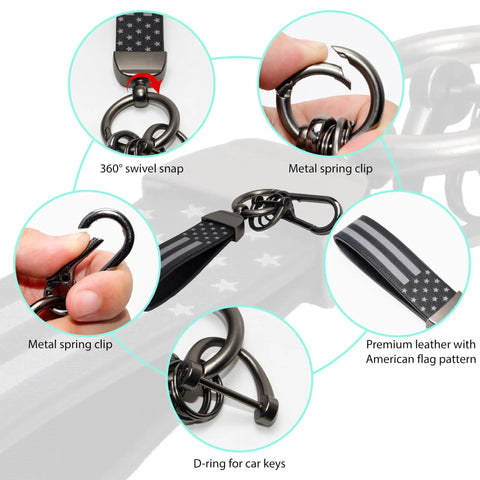 Top Shelf Leather Car Keychain For Men Featuring A Secure Threaded D Ring And Tough Quick Release Loop. Close-up of metal spring clips and leather.