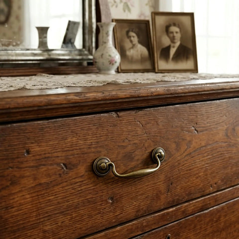 Vintage Bail Drawer Pull Set 4 Pack Antique Brass Cabinet Handles 3.75 Inch Center To Center For Dresser Cupboard Wardrobe And Kitchen Cabinets Classic Drop Design on wooden dresser
