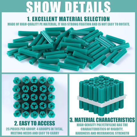 100 Pcs Expanding Plastic Concrete Anchors For Drywall And Hollow Walls Green Expansion Bolts For Tile And Cement in packaging