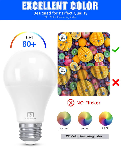 Six Pack A19 LED Bulbs That Replace a 60W Bulb, 9W Low Power, Non Dimmable, Flicker Free, 800 Lumens, Crisp Daylight White 5000K, E26 Base, 10000 Hours, 80 Plus CRI, Energy Saving for Living Room and Office