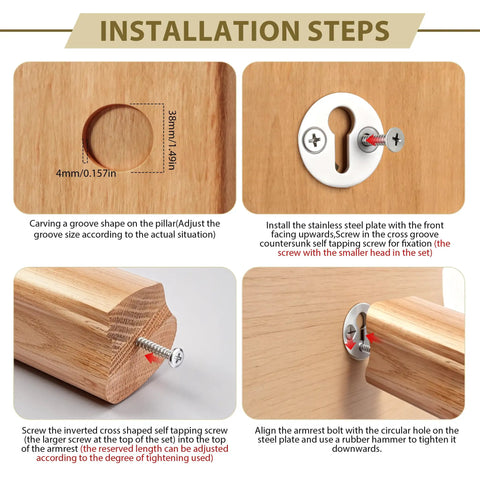 Set Of Eight Heavy Duty Newel Post Fasteners With Concealed Mounting Brackets And Coarse Thread Screws For Rigging Stair Railings To Posts Dead Nuts Guarantee Knockout Hold installation steps showing wood grooving and screw placements.