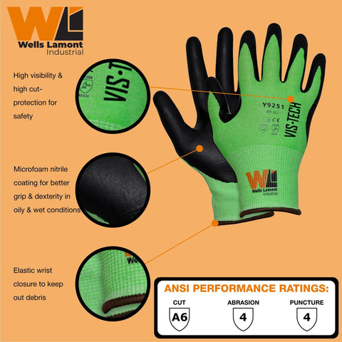 Industrial Cut Resistant Gloves With Microfoam Nitrile Palm ANSI A6 18G Ultra Light Liner Touchscreen Compatible Hi Vis Neon Green X Large 12 Pair Pack For Wet Dry And Oily Grips On Heavy Duty Jobs, close-up view showing glove details and performance ratings.