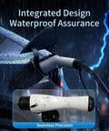 Keep Your Electric Ride Rolling Smooth With This Badass J1772 Ev Extension Cord, 32 Amp Level One And Two Compatible, Stretched Twenty One Feet For Garage Or Street Charging, showing waterproof EV connector in rain.