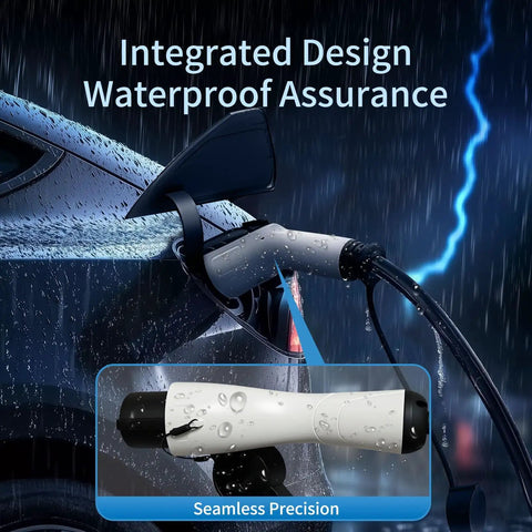 Keep Your Electric Ride Rolling Smooth With This Badass J1772 Ev Extension Cord, 32 Amp Level One And Two Compatible, Stretched Twenty One Feet For Garage Or Street Charging, showing waterproof EV connector in rain.