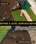 Man using Heavy Duty Lawn Leveling Rake with 72 Inch Long Handle for leveling soil before laying sod and installing garden beds.
