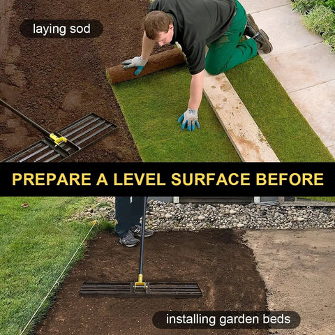 Man using Heavy Duty Lawn Leveling Rake with 72 Inch Long Handle for leveling soil before laying sod and installing garden beds.