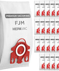 20 Pack HEPA AirClean 3D Dust Bags For Miele Vacuums Fits Compact C1 C2 And Complete C1 Replacement Set For Heavy Duty Allergen Busting And Easy Deep Cleaning For Superior Filtration And Deep Vacuuming Performance, showing 20 white FJM vacuum bags with red sealing collar.