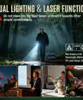 Person using dual lighting LED flashlight with laser function in a forest. Warning about not directing laser at people.