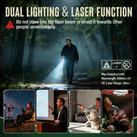 Person using dual lighting LED flashlight with laser function in a forest. Warning about not directing laser at people.