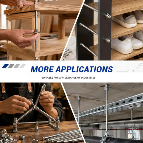 Heavy Duty M3 Threaded Rods Cutting 10 Inches In 304 Stainless Steel Featuring Fully Threaded Cores and Rust Proof Armor in workshop settings.