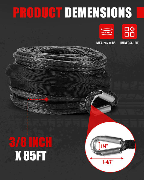 Synthetic Winch Rope For Off Road Vehicles 3/8 Inch 85 Ft 26500 Lbs Tensile Strength UHMWPE Cable With Protective Sleeve