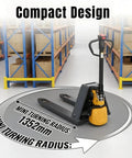 Heavy Duty Amarite Electric Pallet Jack With 4400 Lbs Capacity For Moving Heavy Goods Fast, Lithium Powered Forklift Truck With 48v Battery, Osha Compliant Electromagnetic Brake in a warehouse, showing compact design and mini turning radius.