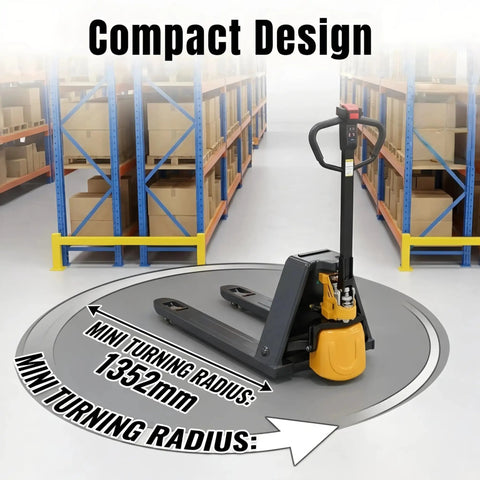 Heavy Duty Amarite Electric Pallet Jack With 4400 Lbs Capacity For Moving Heavy Goods Fast, Lithium Powered Forklift Truck With 48v Battery, Osha Compliant Electromagnetic Brake in a warehouse, showing compact design and mini turning radius.