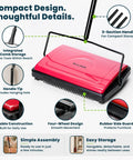No Sweat Push Powered Carpet Sweeper With Triple Brush Heads For Big Time Dust Pickup On Area Rugs And Vinyl Floors, showing compact design and features.
