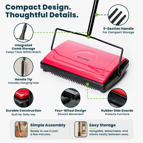No Sweat Push Powered Carpet Sweeper With Triple Brush Heads For Big Time Dust Pickup On Area Rugs And Vinyl Floors, showing compact design and features.