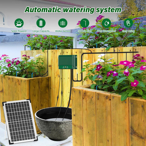 Solar Powered Automatic Plant Watering System 10W Kit for Garden Drip Irrigation with solar panel and wooden planters