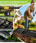 Pro Grade 6 Ft Lawn Leveling Rake With 30x10 Wide Head And Round Edge, woman using rake for smooth grass and dirt.