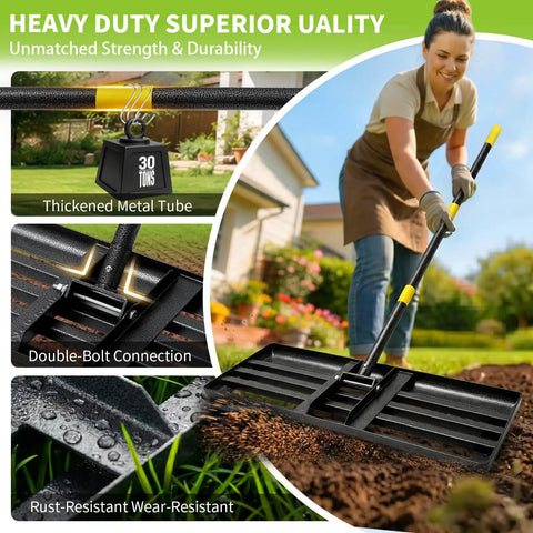 Pro Grade 6 Ft Lawn Leveling Rake With 30x10 Wide Head And Round Edge, woman using rake for smooth grass and dirt.
