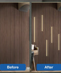 Before and after view of wall with Six Pcs Wood Slat LED Recessed Lighting Kit With Self Adhesive 3000K Warm White Light.