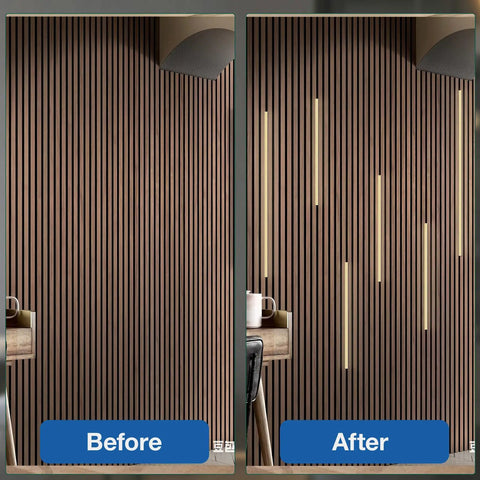 Before and after view of wall with Six Pcs Wood Slat LED Recessed Lighting Kit With Self Adhesive 3000K Warm White Light.