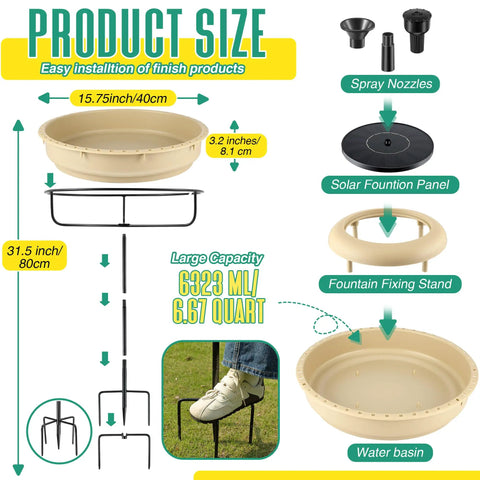 Diagram of Extra Large Solar Powered Bird Bath With Fountain Kit For Your Backyard 1.67 Gallon Capacity 5 Prong Stake Design