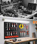 Before and after of a Heavy Duty 48x24 Inch Metal Pegboard Wall Organizer Kit with black panels, hooks, and bins in a garage workspace.