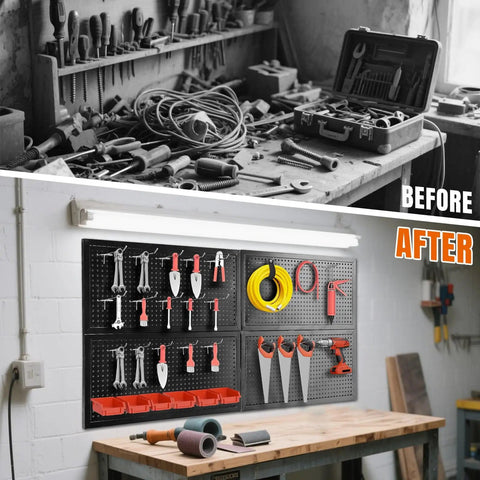 Before and after of a Heavy Duty 48x24 Inch Metal Pegboard Wall Organizer Kit with black panels, hooks, and bins in a garage workspace.