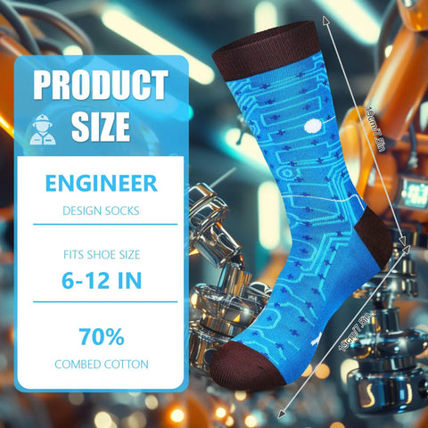 Blue engineer novelty sock shown in industrial setting, features circuits design, size 6-12, 70% combed cotton.