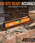 Pro Grade Aluminum String Line Level For Masonry And Fence Jobs, Heavy Duty Precision Grip Tool positioned on mortar line.