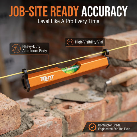 Pro Grade Aluminum String Line Level For Masonry And Fence Jobs, Heavy Duty Precision Grip Tool positioned on mortar line.