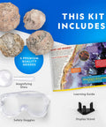 Break Open Four Geodes Science Kit With Goggles And Display Stand For STEM Learning showing contents including goggles, stand, and guide