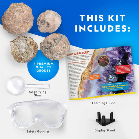 Break Open Four Geodes Science Kit With Goggles And Display Stand For STEM Learning showing contents including goggles, stand, and guide