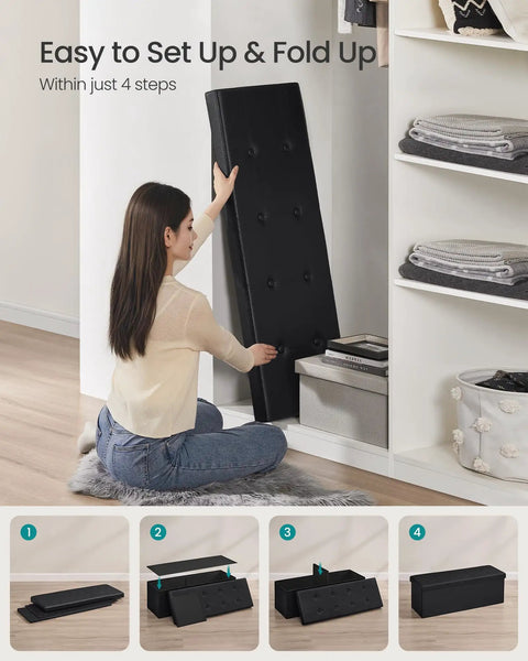 Woman assembling Mazie Collection 43 Inch Folding Storage Ottoman Bench With Hidden Storage Foot Rest Stool Supports Up To 660 Lb